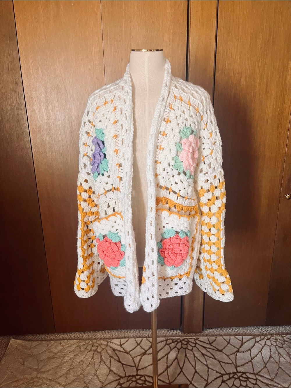 Adorable Handmade White Crochet Floral Cardigan Sweater - Picture 6 of 6